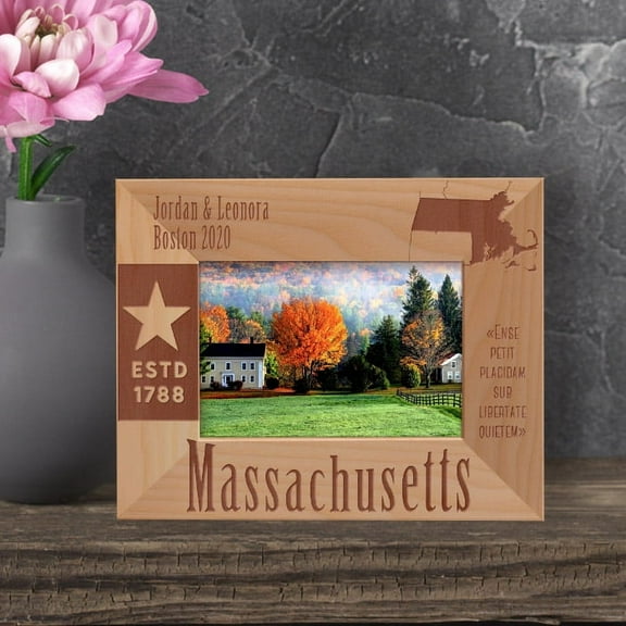 Massachusetts Personalized Wooden Frame-5" x 3 1/2" Brown Horizontal