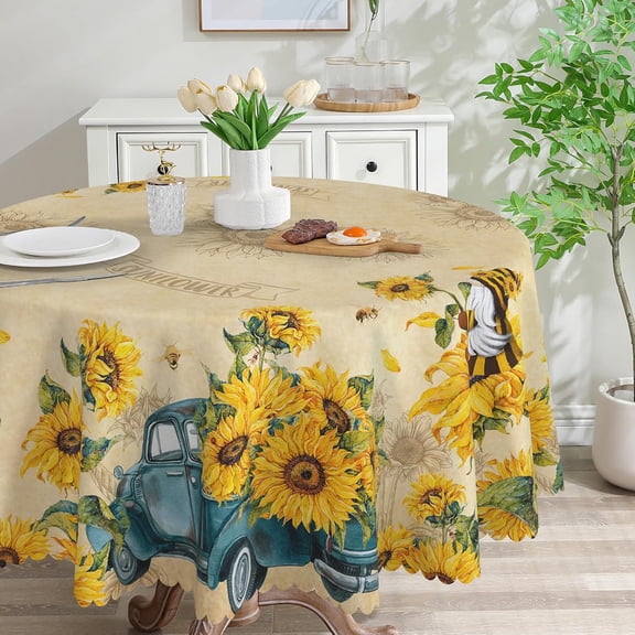 Verolix Sunflower Round Tablecloth 60 Inch, Floral Farmhouse Table Cover for Dining Table Decoration