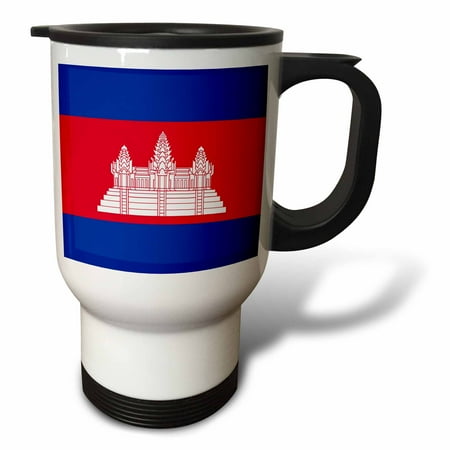 3drose, Flag of Cambodia - Cambodian Red Blue with White Angkor Wat Temple - Red Outline, 14oz Stainless Steel Travel Mug