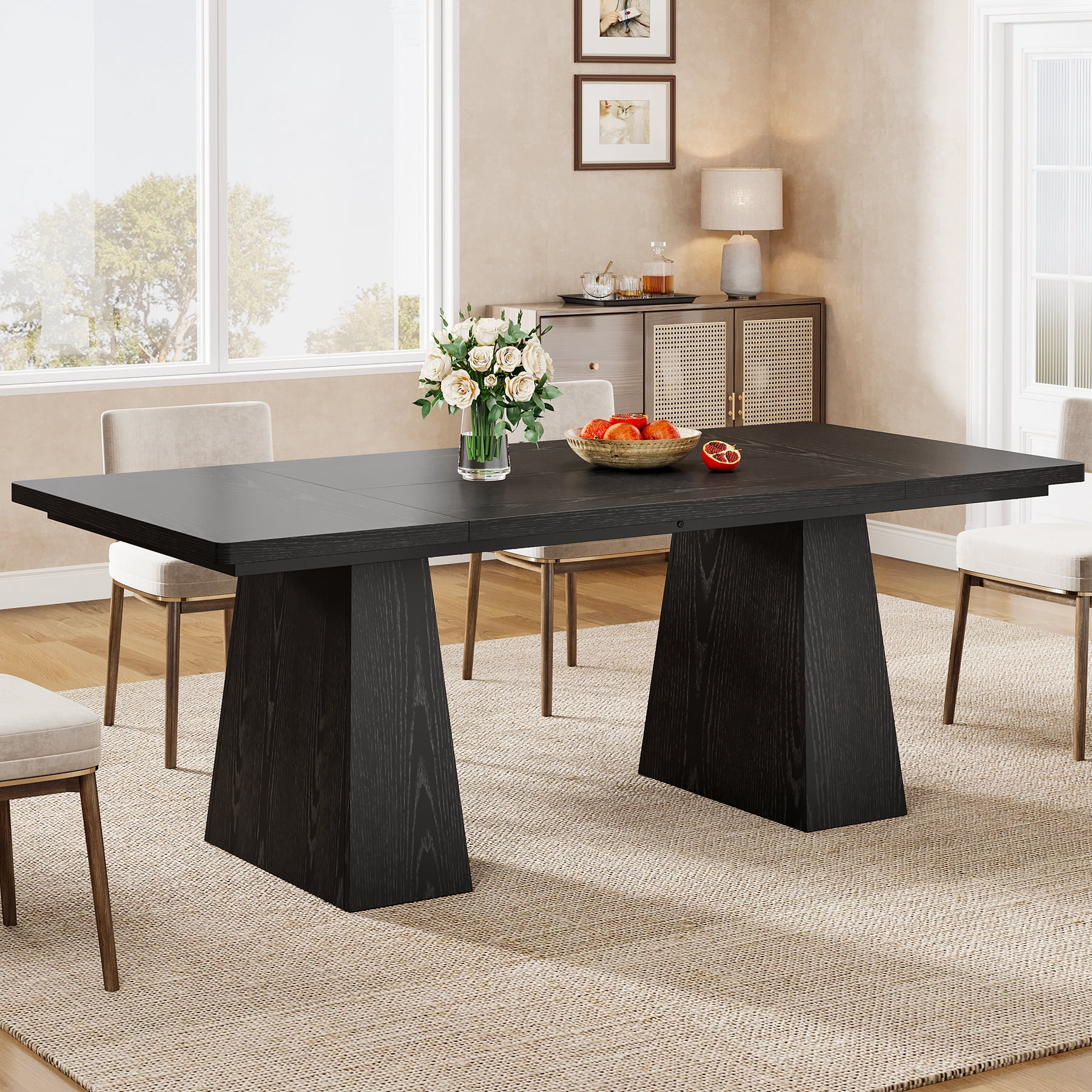 Finmind 63-inch Farmhouse Dining Table for 4-6 People, Modern Wooden Rectangular Kitchen Table for Dining Room, Black