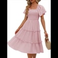 thumbnail image 1 of Vestido Midi Informal de Verano para Mujer, con Mangas Abullonadas, Cuello Cuadrado y Fruncido Gris Rosado Pálido M, 1 of 9
