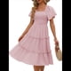 thumbnail image 1 of Vestido Midi Informal de Verano para Mujer, con Mangas Abullonadas, Cuello Cuadrado y Fruncido Gris Rosado Pálido XL, 1 of 9