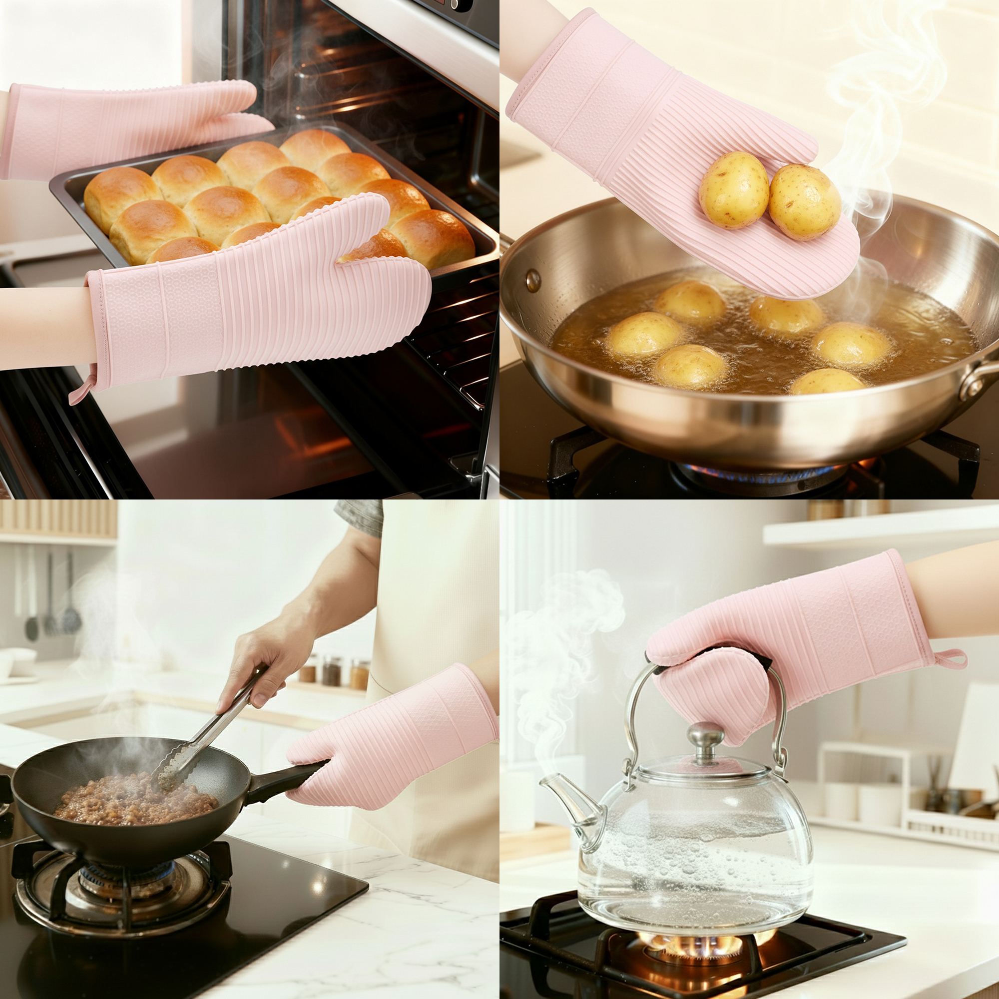 Unique Bargains Soft Oven Mitts Heat Resistant Cooking Gloves Pink 12.4x7.5inch