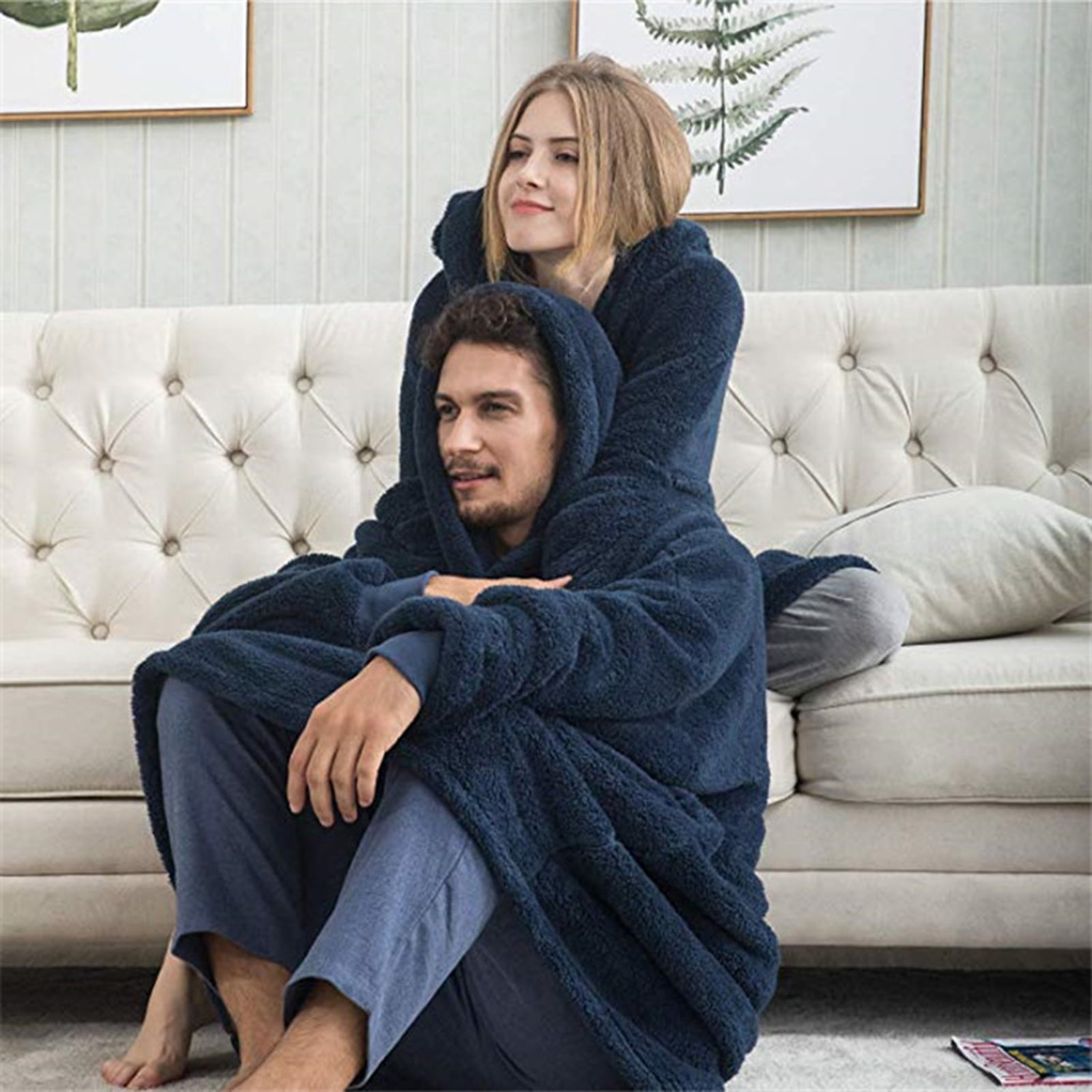 Generic Oversized Hooded Blanket Sweatshirt Double Sided Fleece Wearable Blanket Couple Men Women Home Leisure Wear Blue
