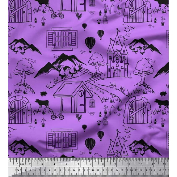 Soimoi Purple polyester Crepe Fabric Sky & Iceland Nature Printed Craft Fabric by the Yard 52 Inch Wide