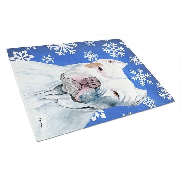 Carolines Treasures SC9381LCB Pit Bull Winter Snowflakes Holiday Glass Cutting Board Large, 12H x 16W, multicolor