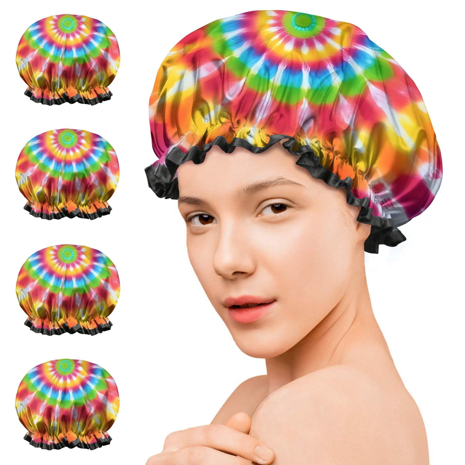 Shower Caps,Colorful Tie Dye Spiral Mandala Waterproof Shower Cap for Women 4 Pieces,Double Reusable Hair Cover for Shower PEVA Elastic Stretch Hem