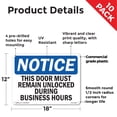 thumbnail image 2 of This Door Must Remain Unlocked During Business OSHA Notice Rigid Plastic Sign 18 Inch x 12 Inch - 10 Pack, 2 of 8