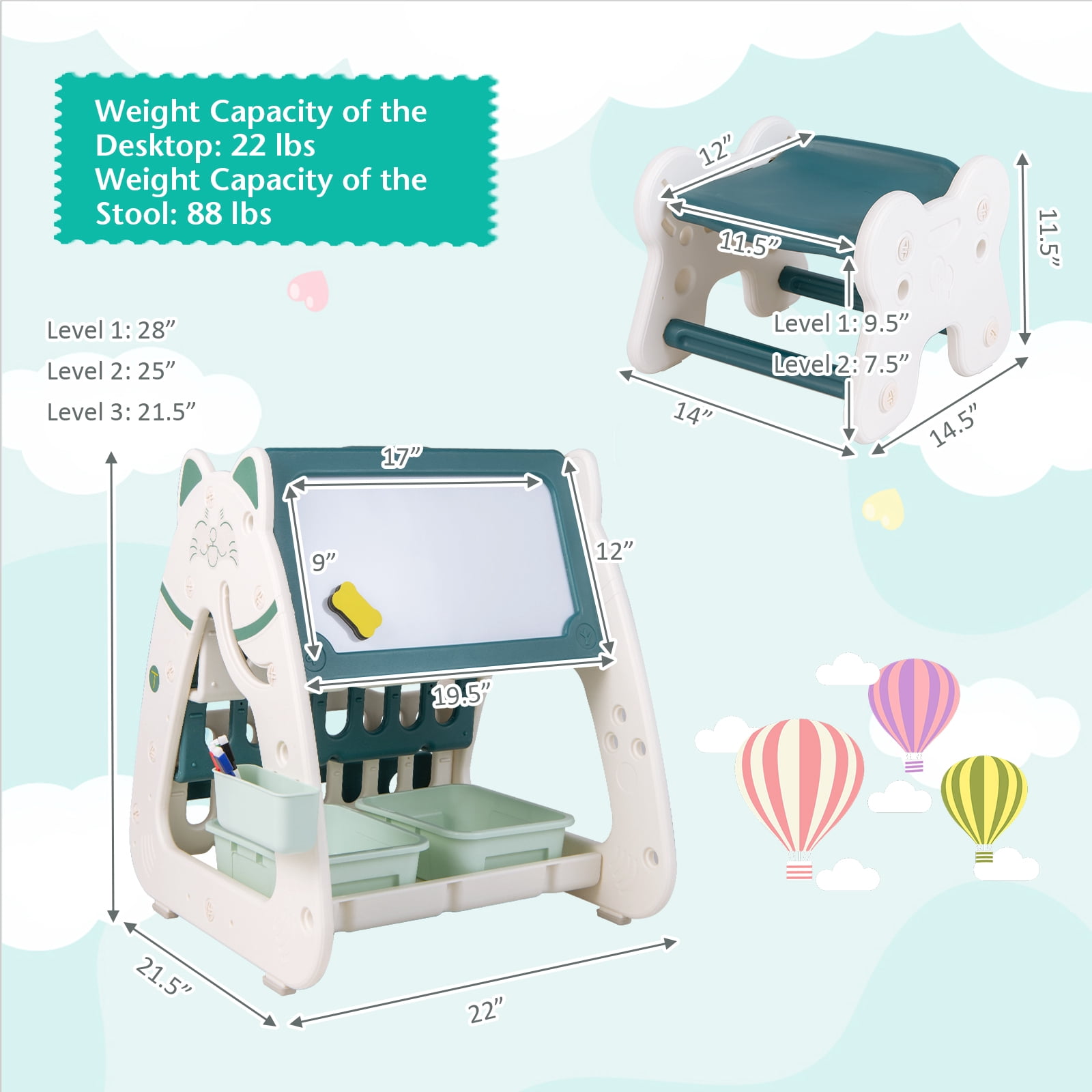 Infans 3-In-1 Kids Art Easel with Stool Magnetic Dry-Erase Board w/ Book Rack Green