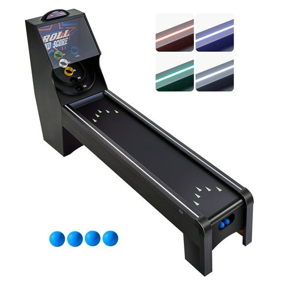 KFFKFF 9' Scoring and Rolling Traditional Arcade Game Table, Featuring LED Digital Scorekeeper & Illuminated Track, Sound, Auto Ball Retrieval, 4 Balls Provided