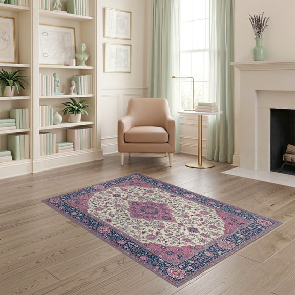 ODIKA Medallion Oriental Vintage Floral With Maximalist Vine Border Stain Resistant Low Profile for Dorm Room, Small Living Apartment