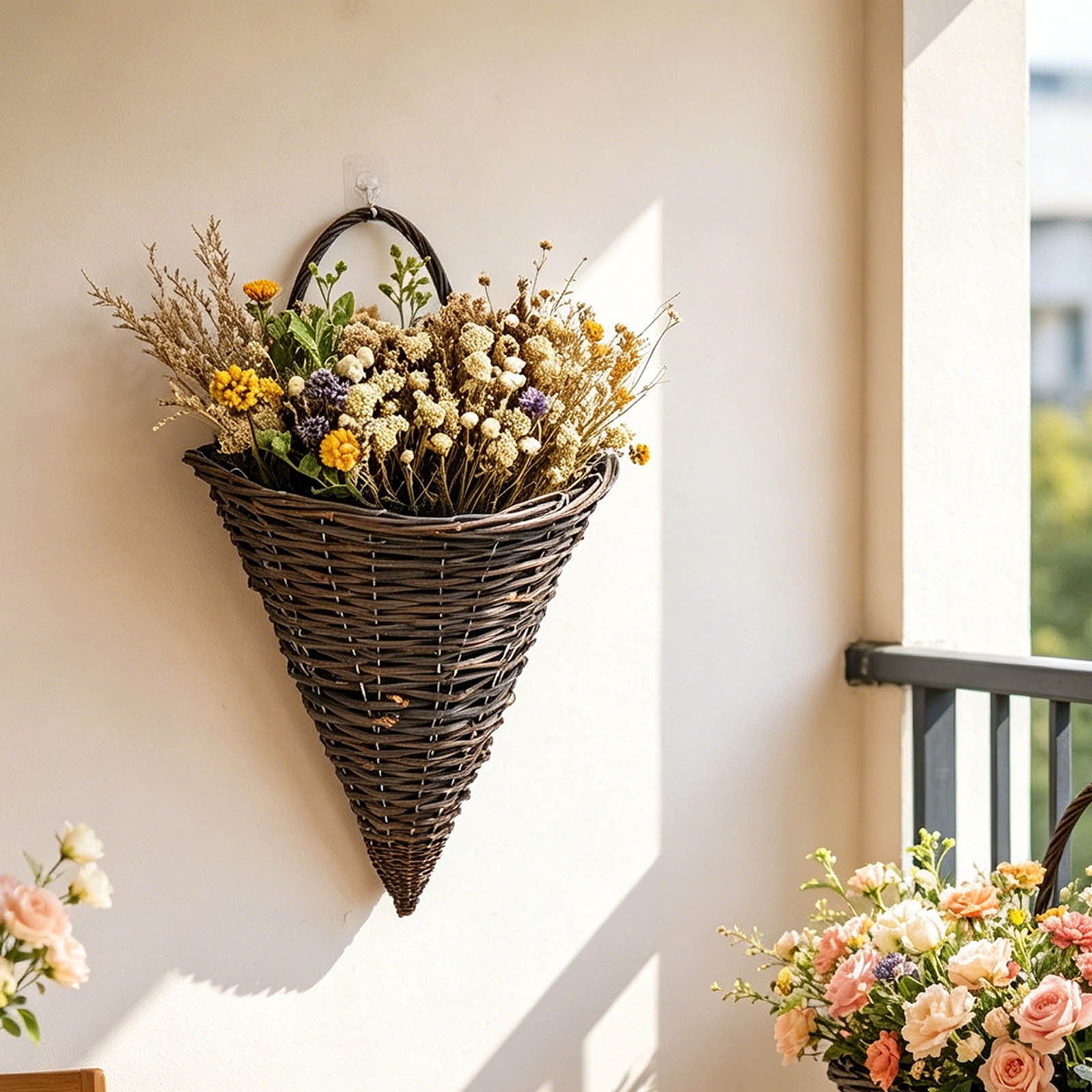 Boho Hanging Wicker Baskets Handwoven Scalloped Wall Flower Basket Spring Farmhouse Rattan Hanging Wall Storage Rustic Cone-Shaped Planter with Liner for Indoor Outdoor Greenery Display