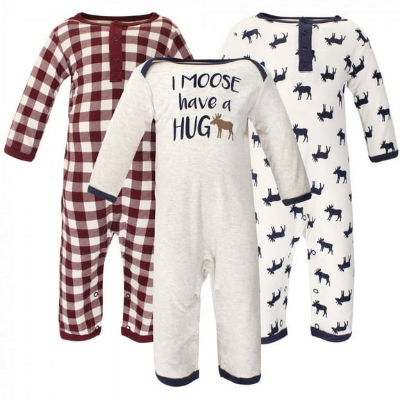 Little Treasure Baby Boy Cotton Coveralls 3pk, Moose Hug, 0-3 Months