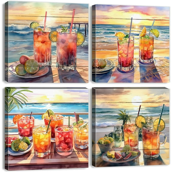 Retro Cocktail Wall Art for Kitchen Decor Sunset Beach Cocktail Drink Poster Bar Decorations Tropical Wine Glass Canvas Picture Ocean Coastal Painting Artwork for Pub Bar Dining Room Decor 12x12" 4Pcs