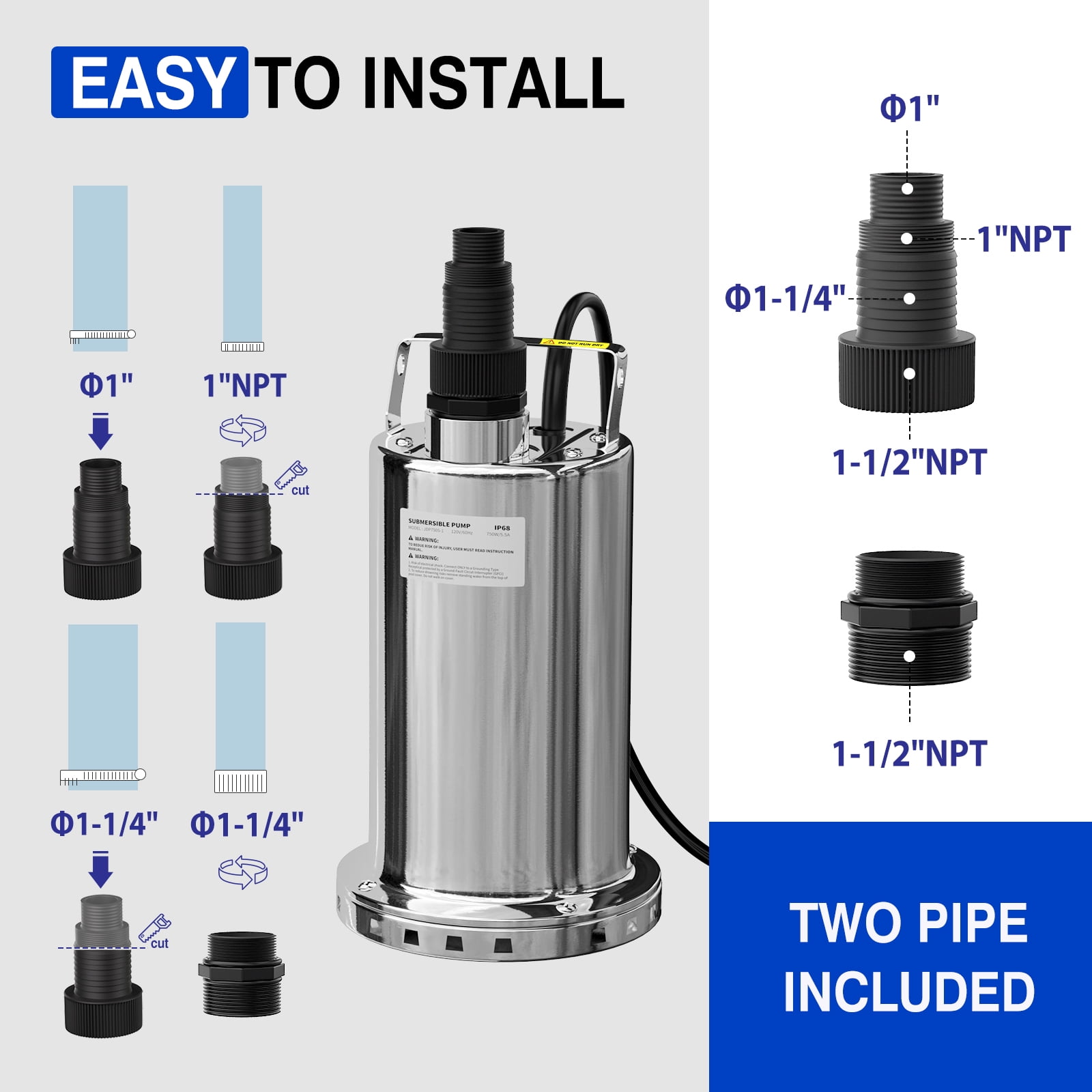 SEYVUM 3900GPH 1HP Submersible Water Pump, Stainless Steel Sump Pump with 16.5FT Cord, Utility Pump Portable Transfer for Pool Draining Garden Spa Hot Tub Pond Flood Basement Yard