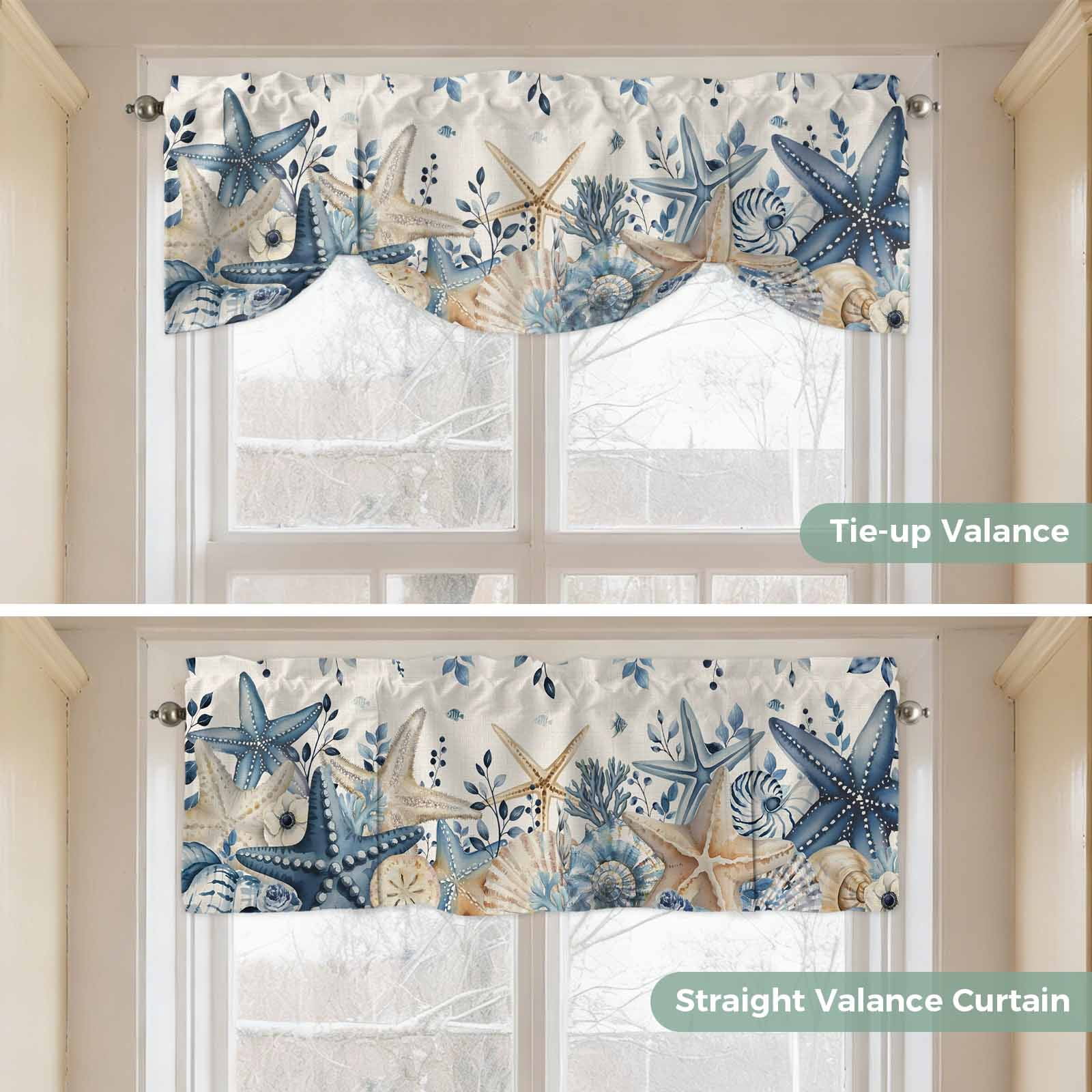 Coastal Tie Up Valances Curtain, Adjustable Kitchen Ocean Blue Beige Starfish Shells Leaves Retro Linen Valances for Windows Decor, Rod Pocket Short Curtains Set for Bedroom/Bathroom, 60"x18"
