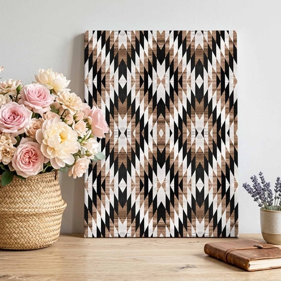 Tribal Geometric Pattern Canvas Wall Art, Brown White Abstract Framed Canvas Wall Decor Picture Print Artwork Decorations for Living Room Office Ready to Hang 16" x 12"