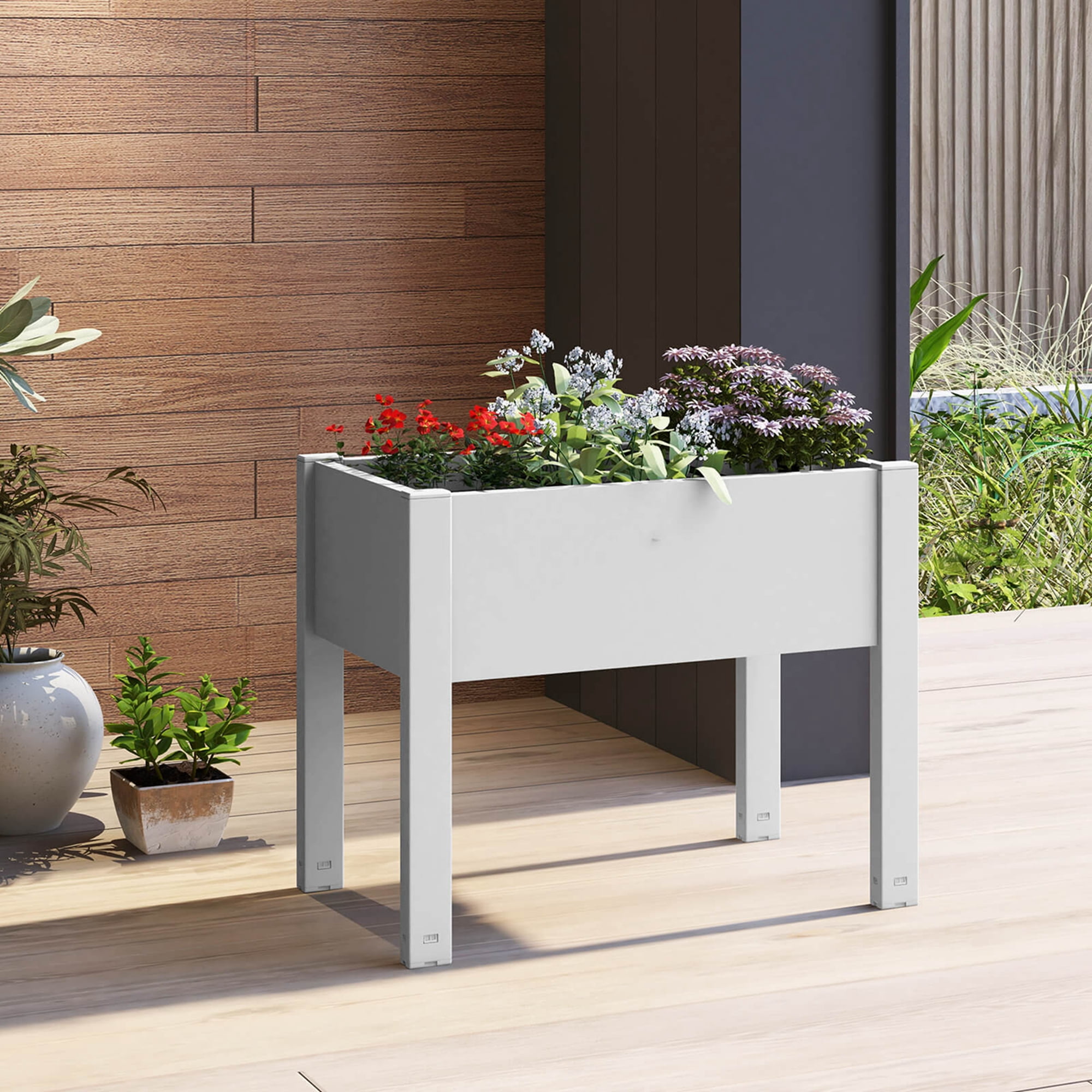 Costway Raised Garden Bed with Water Level Indicator Drainage Hole for Vegetables Outdoor Greyish-white