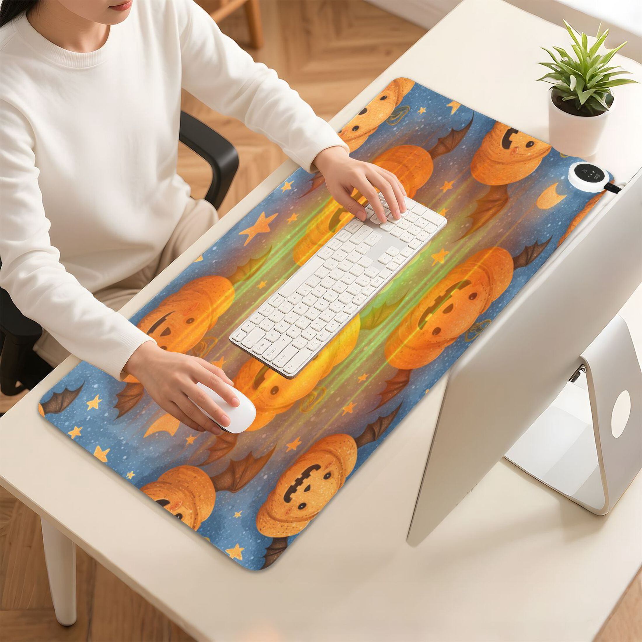 Large Heated Desk Mat Mouse Pad 31.5"x13"PU Leather Graphene Heating Desk Warmer with 3 Temperature Settings 110V US Plug Non-Slip Warm Pad for Home, Office, and Gaming Spooky Evil Pumpkin Designs