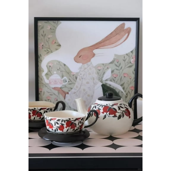 French Style Ceramic Teapot Set with 2 Floral Cups – 750ml Teapot & 250ml Cups, Elegant Gift Box, Red & Black Botanical Design