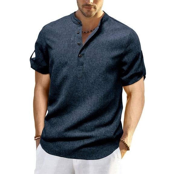 hotojiny Mens Henley Shirts Roll up Short Sleeve Casual Work Business Tops Summer Lightweight Beach Vacation Clothes