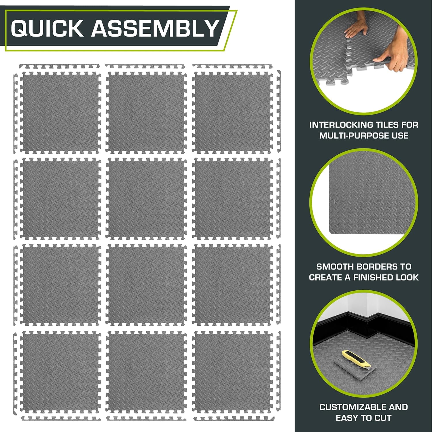 EVA Interlocking Foam Floor Tiles, ½-inch Exercise Puzzle Mat for Home Gym, Workout Equipment, Kids Play Areas
