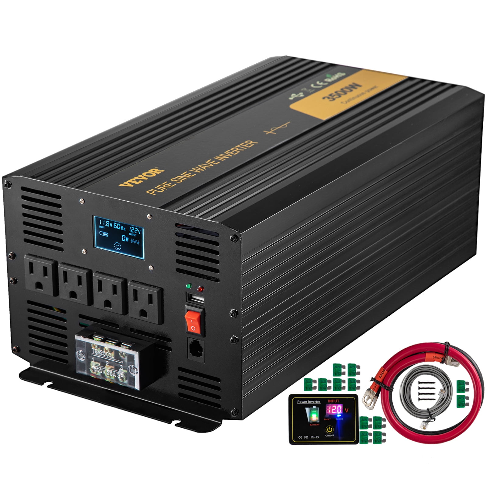 Rund krystal Auto VEVOR Pure Sine Wave Inverter 3500 Watts Power Inverter, DC 12V to AC 120V  Car Inverter, with USB Port LCD Display Remote Controller and AC Outlets  (GFCI), for RV Truck Car Solar