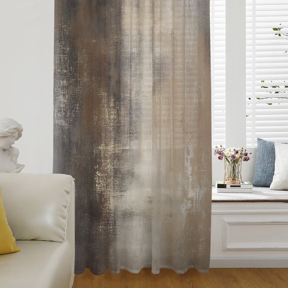 Brown Sheer Curtains 63 Inch Length, Light Filtering Voile Curtain Panel, Modern Abstract Art Oil Painting Ombre Rod Pocket Drapes Window Treatments for Living Room Bedroom 52"x63"
