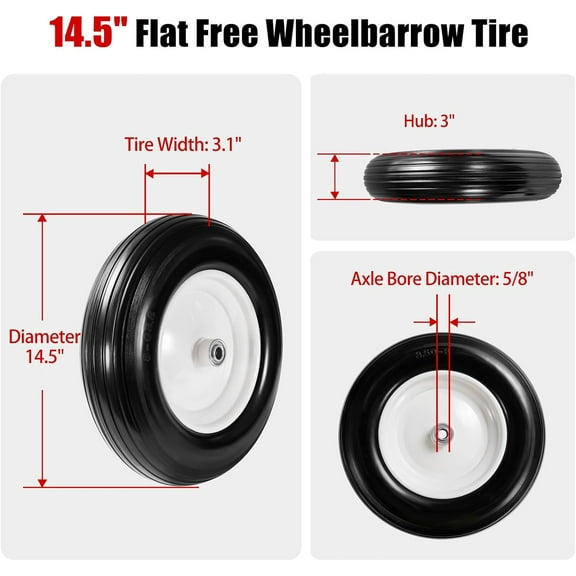 14.5" FLAT WHEELBARROW TIRE - 2-Pack for Wheelbarrows, Lawn Mowers, Garden Carts & More