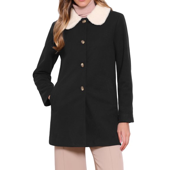 DARING DIVA Women's Winter Contrast Collar Overcoat Single Breasted Pea Coat XS Black