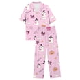 thumbnail image 4 of MEZZALL Women Halloween Pajama Set Ghost Bow Pattern Button Front Short Sleeve Top With Chest Pocket Elastic Waist Full Length Pants Soft Sleepwear Set Stylish 2 Piece Pjs, 4 of 5