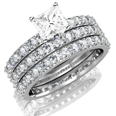 Huge 2.75 Carat Trio Diamond Moissanite Wedding Bridal Set with 18k Gold Plating