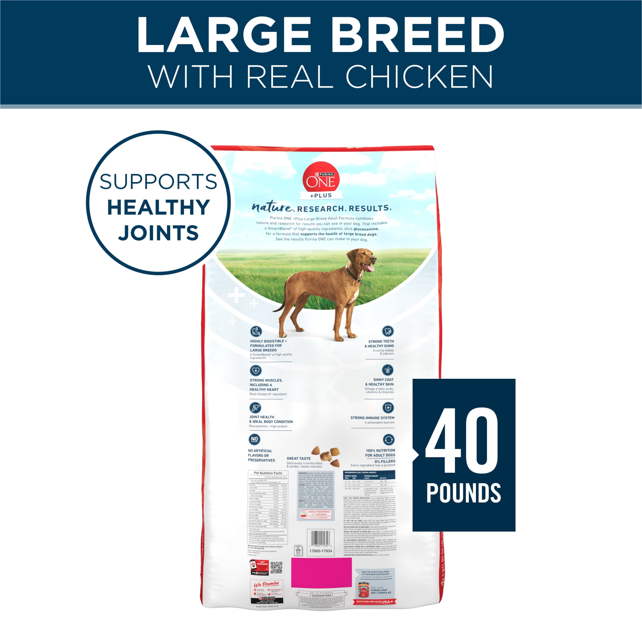 Purina ONE Plus Dry Large Breed Dog Food for Adult Dogs, Real Protein Rich Natural Chicken Flavor, 40lb Bag