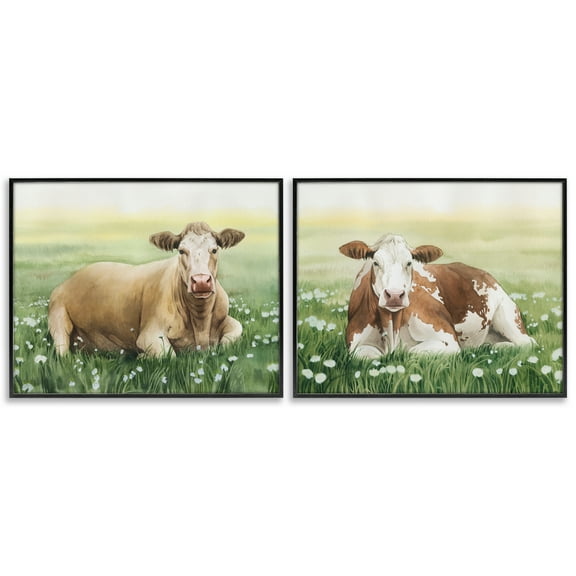 Stupell Industries Cows Resting in Flower Field Animals Painting Black Framed Art Print Wall Art, 14 x 11, Set of 2