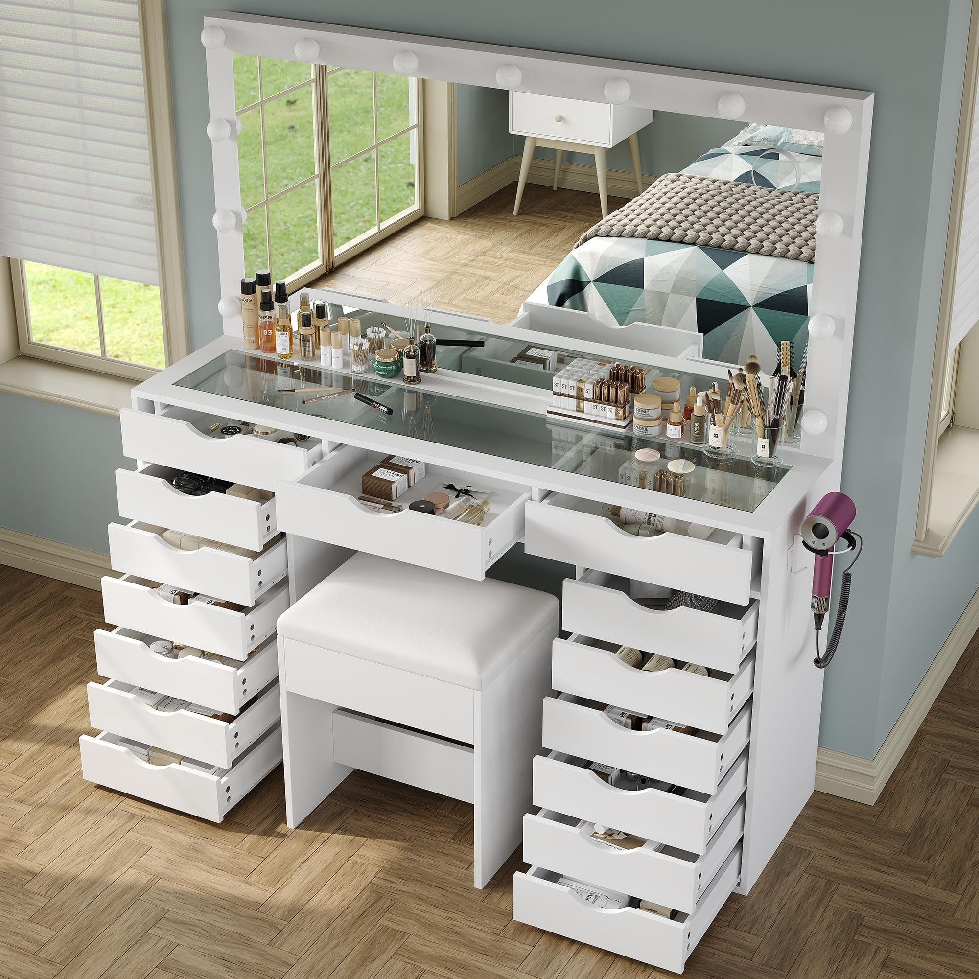 Yanosaku Vanity Desk with USB Outlet, Mirror & 13 LED Lights, Adjustable Brightness, Glass Top Dressing Table