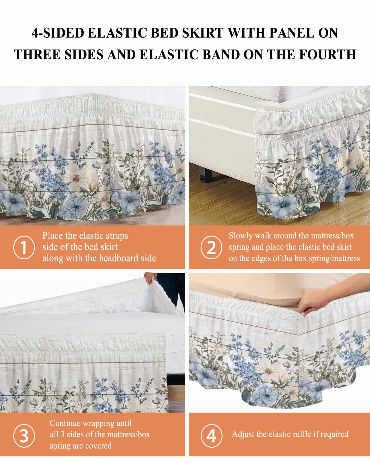 Blue Floral Spring Wrap Around Bed Skirts for Queen Bed 16" Drop,Bed Skirt with Adjustable Elastic Belt Dust Ruffle Bed Valance for Bedroom Hotel Summer Botanical Flower Vintage Bed Frame Cover