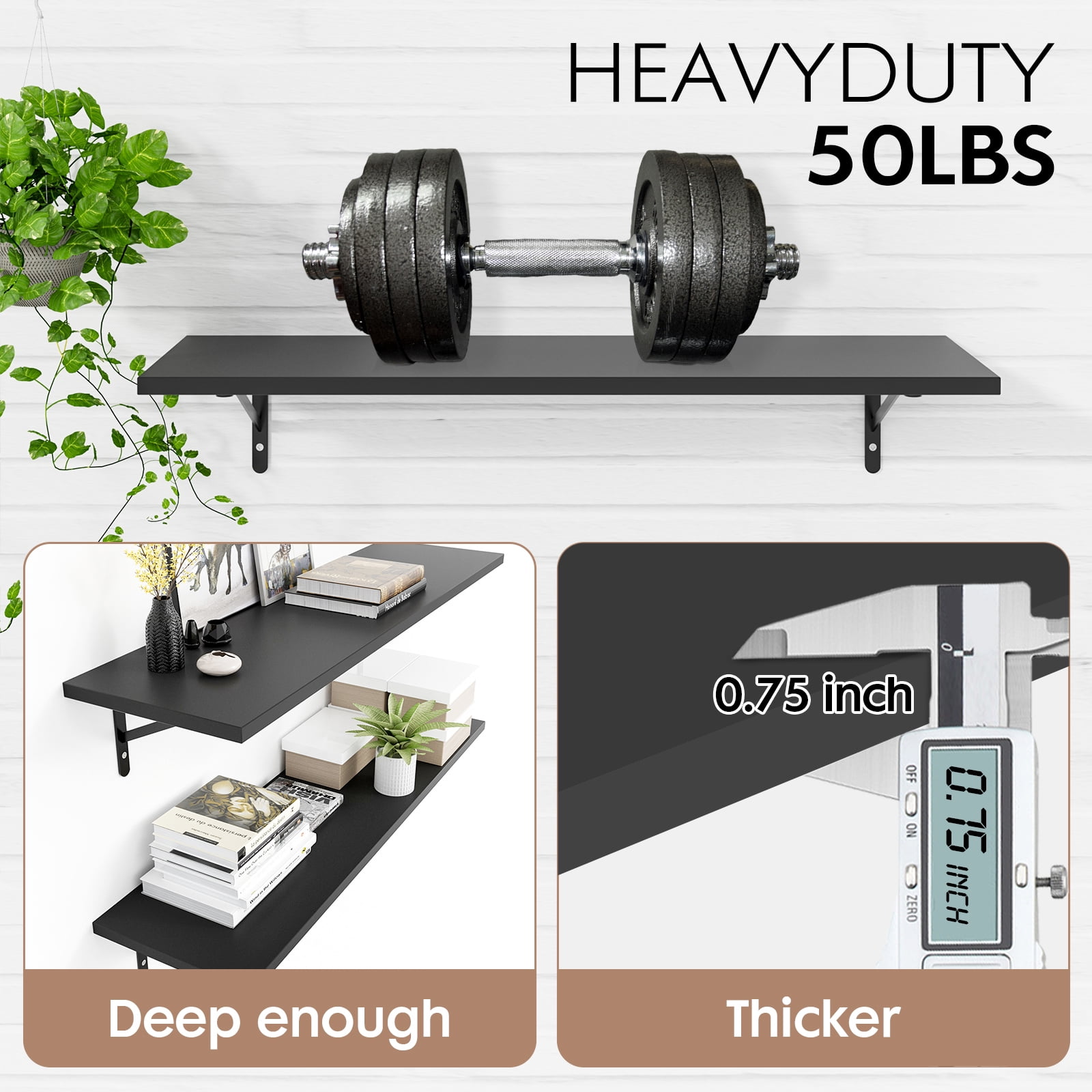 Kaboon 27 inch Long 10 inch Deep Floating Shelves for Wall Set of 2, Large Open Shelves Wall Mounted, Space Saving Home and Commercial Use, Black