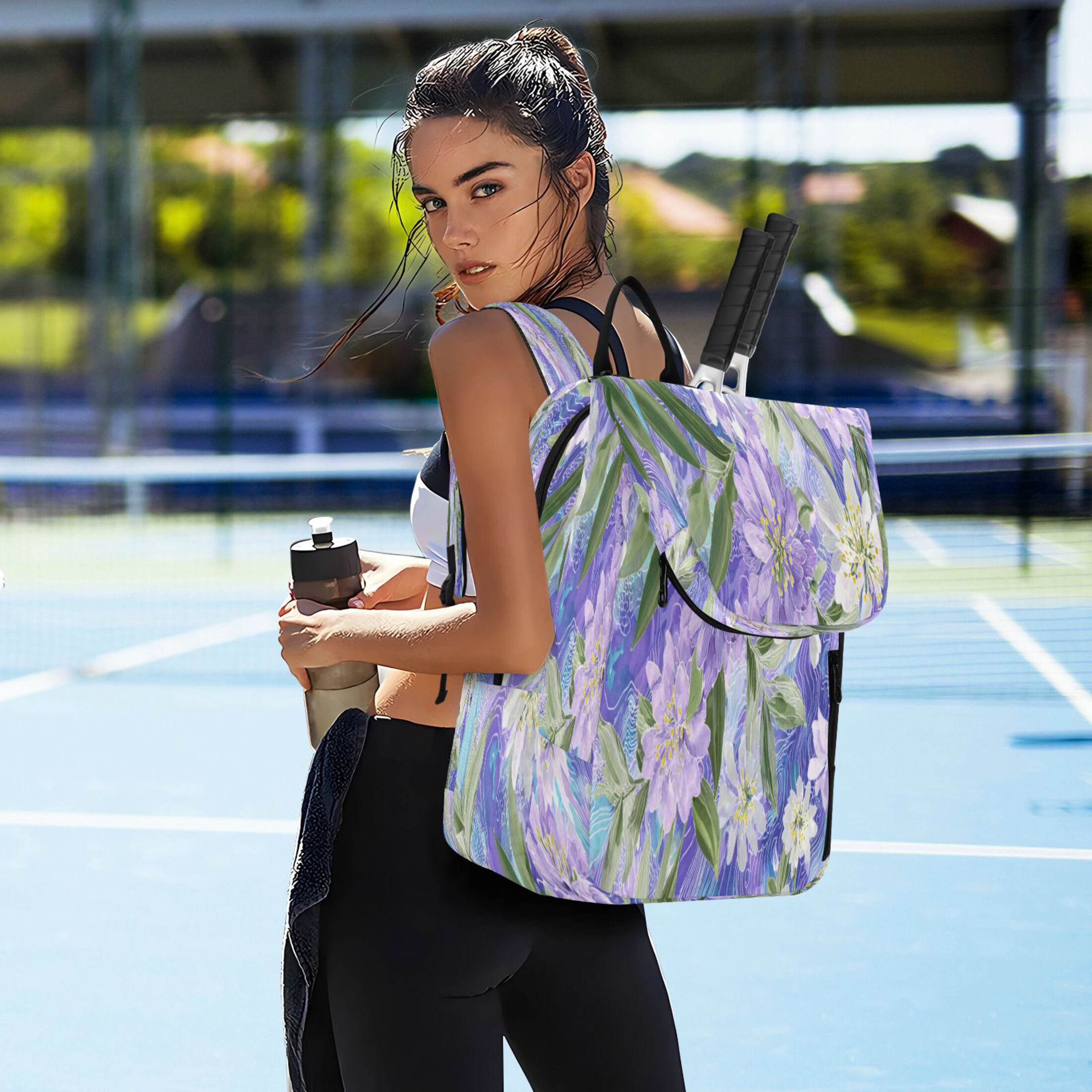 2 Racquet Holder Tennis Backpack Tennis Racket Covers Gym Bags Elegant Purple Daffodil Pattern