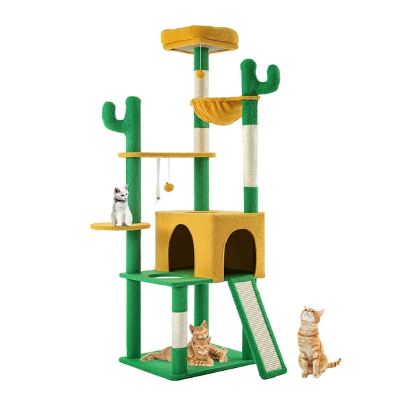 Dextrus 68"  Tall Cactus Cat Tree Tower with Sisal Post, Hanging Balls, Nest for Indoor Kittens, Green & Yellow