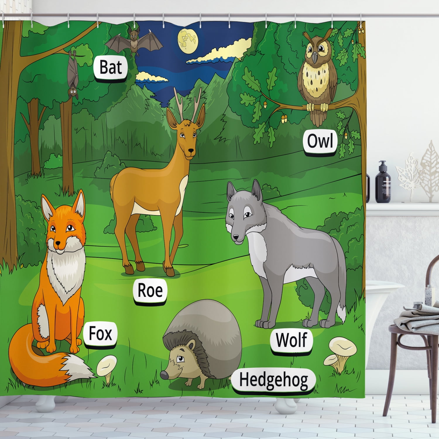 Educational Shower Curtain, Forest with Cartoon Animals with Names Educational Intellectual Fun Kids Game, Fabric Bathroom Set with Hooks, 69W X 70L Inches, Multicolor, by Ambesonne Educational Shower Curtain, Forest with Cartoon Animals with Names Educational Intellectual Fun Kids Game, Fabric Bathroom Set with Hooks, 69W X 70L Inches, Multicolor, by Ambesonne