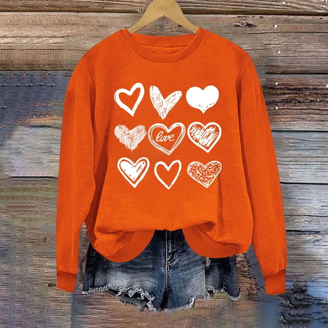 Meichang Sweatshirts pour Femmes Tendance Saint-Valentin Sweatshirt Imprimé Cœur Mignon Sweatshirts Manches Longues Col Rond Pull Ample Décontracté Vacances Sweatshirts
