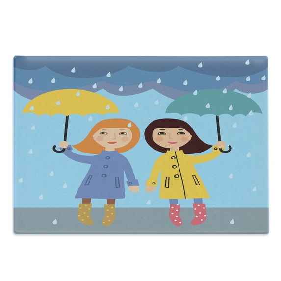 Umbrella Girl Cutting Board, Cartoon Design of 2 Little Females Standing Under the Rain, Decorative Tempered Glass Cutting and Serving Board, in 3 Sizes, by Ambesonne