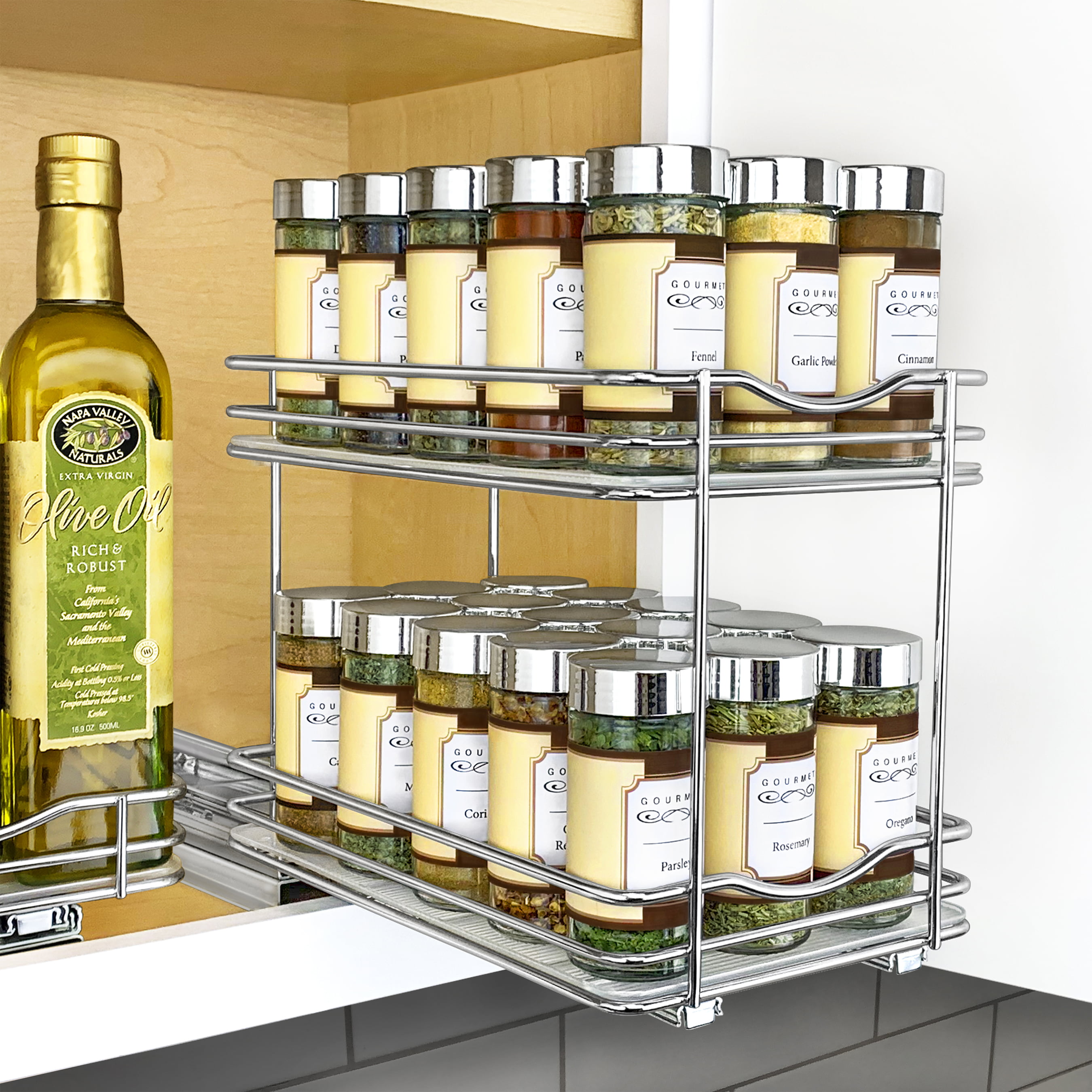Slide Out Double Spice Rack Upper, 2 Tier Pull Out Kitchen Cabinet Spice Rack Organizer
