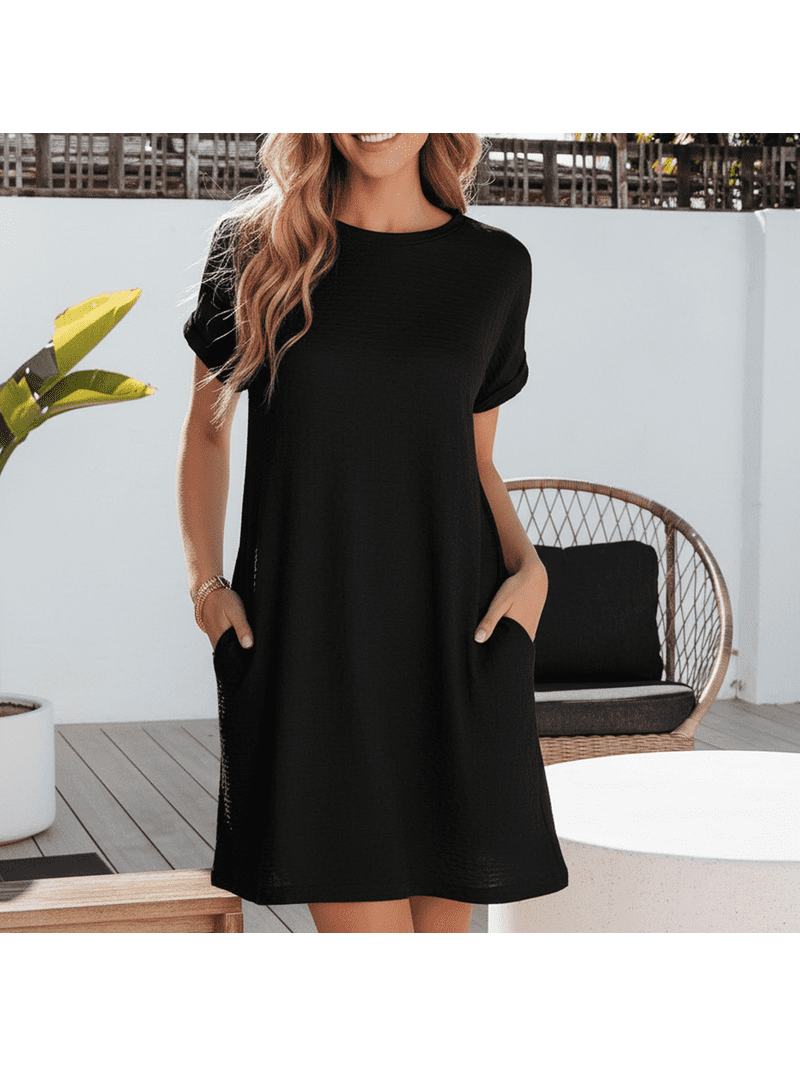Somer Women's Minimalist Textured Midi Dress, Drop Shoulder Short Sleeve Crewneck Shift Dress for Summer, Work to Vacation,Black Somer Women's Minimalist Textured Midi Dress, Drop Shoulder Short Sleeve Crewneck Shift Dress for Summer, Work to Vacation,Black