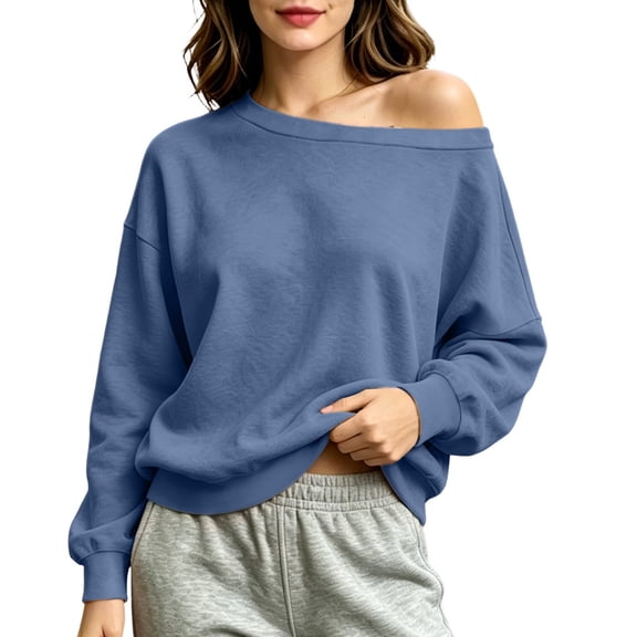 thefmos Women's Off Shoulder Long Sleeve Pullover Sweatshirt Loose Fit Solid Color Casual Top Fashion Fall Winter Outfit, Blue S