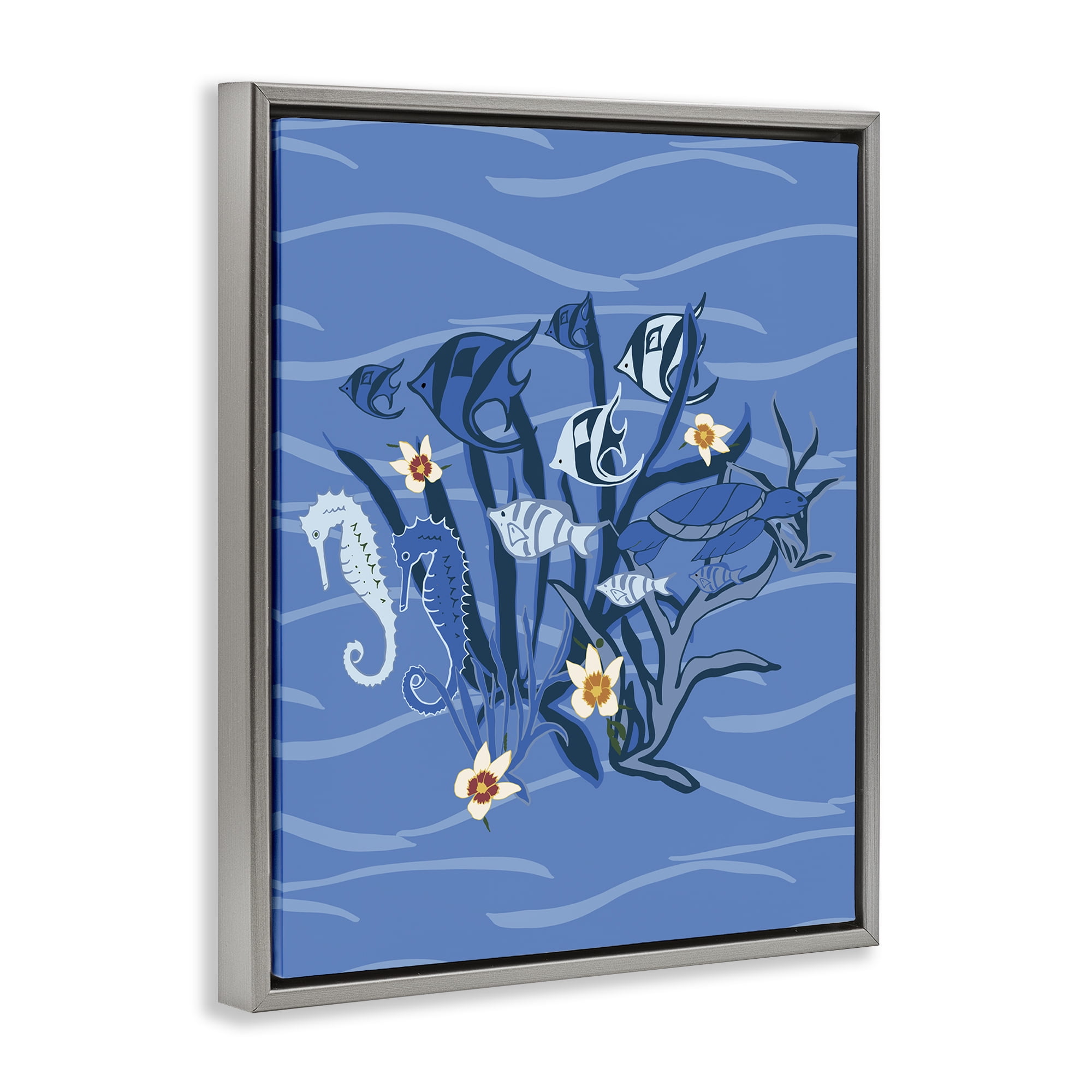 Stupell Industries Blue Undersea Critters Nautical & Beach Painting Gray Floater Framed Canvas Art Print Wall Art, 25 x 31