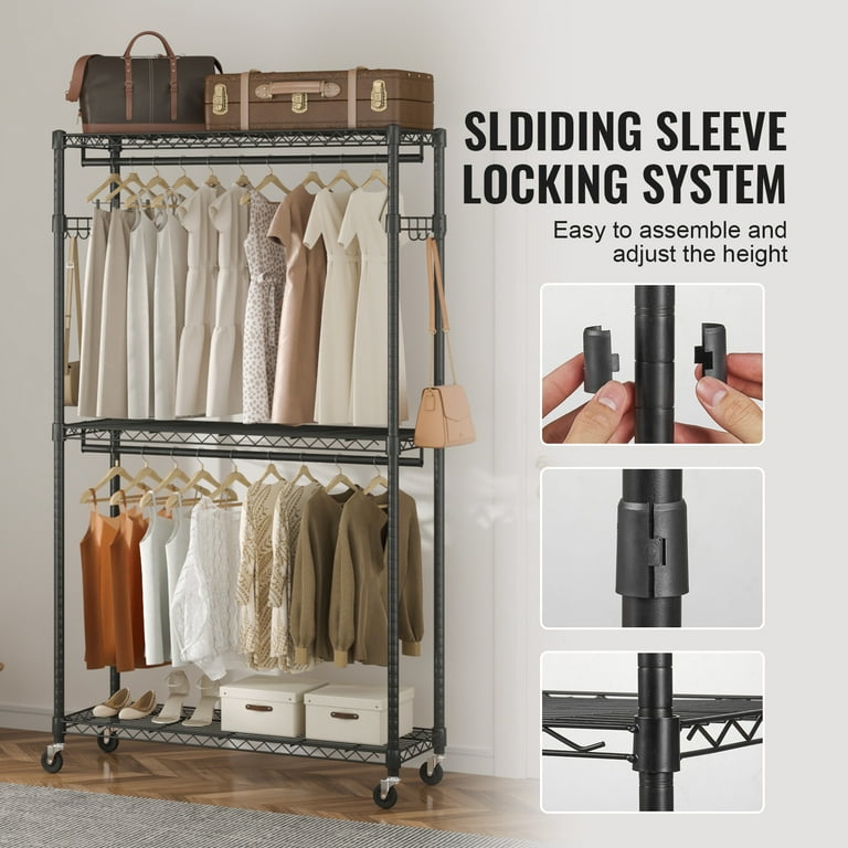SONGMICS Double-Rod Clothes Rack Garment Rack with Wheels Heavy-Duty Metal  Frame 220 lb Max Load Clothes Storage and Display Black 