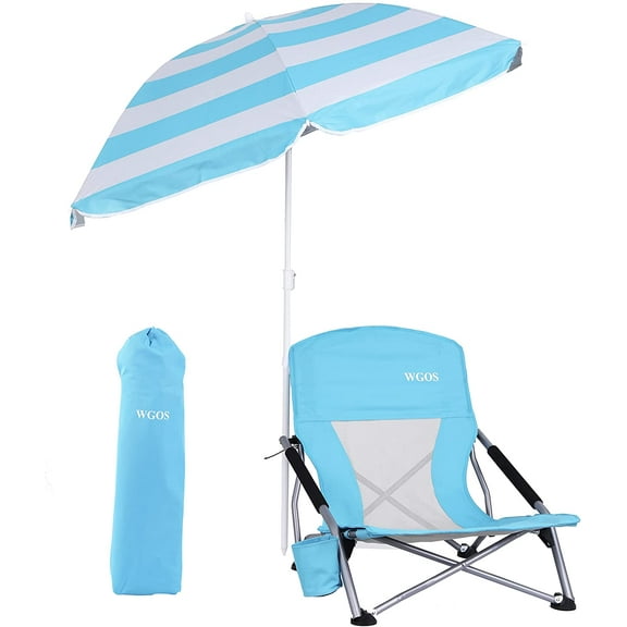 WGOS Portable Low Beach Chair with Detachable Umbrella and Cup Holder, Blue