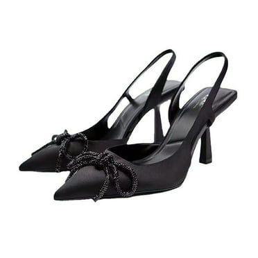 Shimmering Strappy Pointed-Toe Shoes for Women, Size 36 Black Bow-Tied PU Leather High Heels