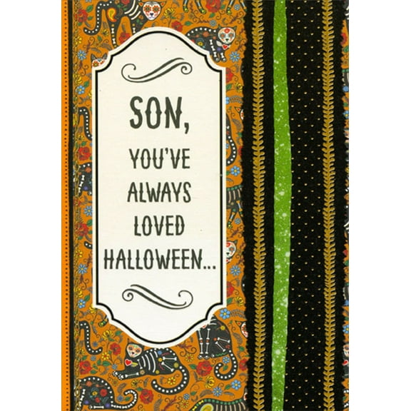 Designer Greetings Skeleton Cats on Orange : Gold Foil Vertical Vines Halloween Card for Son